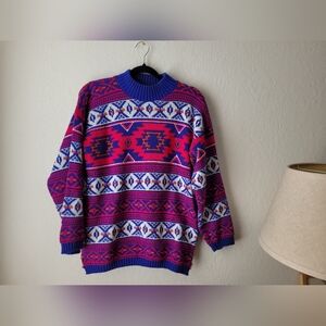 Vintage Croquet Club 80s 90s Aztec tribal neon print ski trip sweater | size M/L